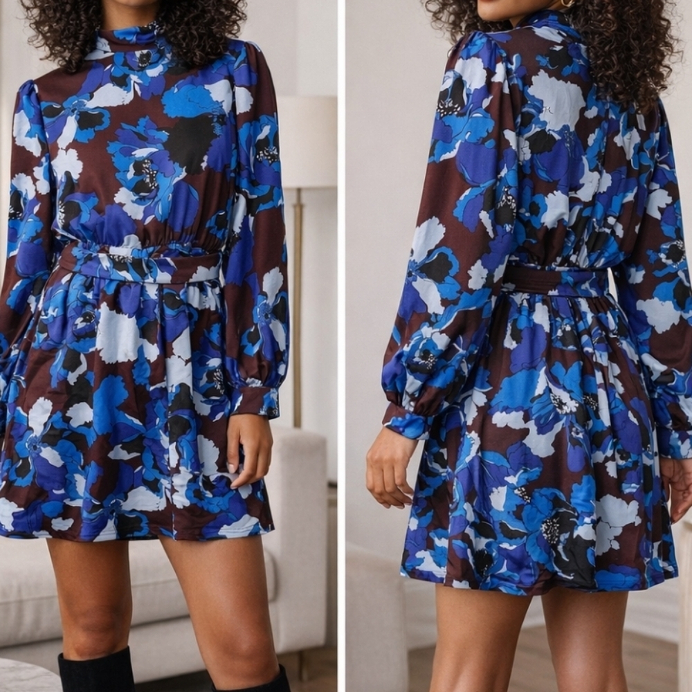 Who What Where Blue Brown Dress Mach Neck Button Long Sleeve Medium Career Chic